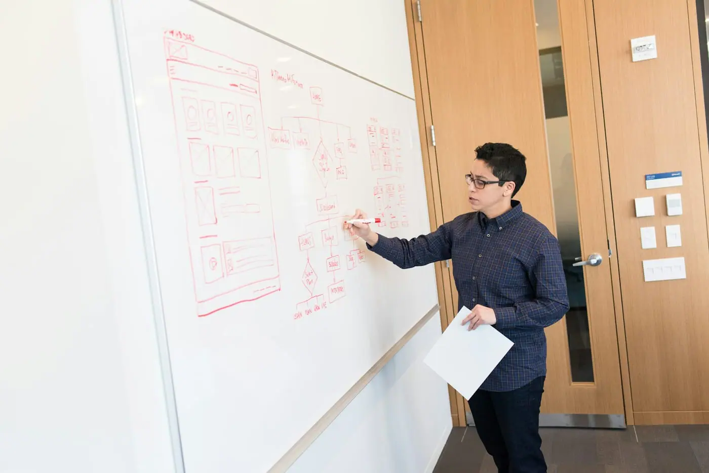 A teacher writes a diagram on a large whiteboard in a bright room